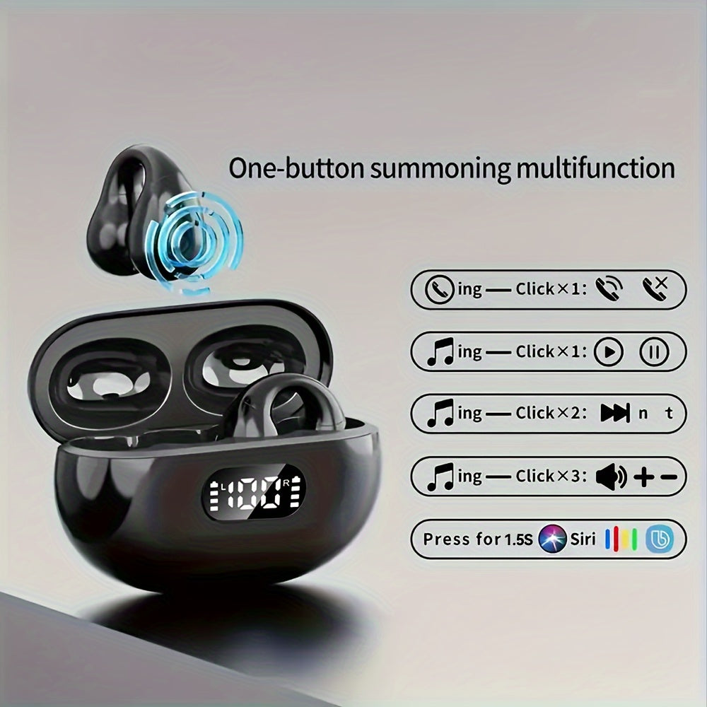 Open Ear Clip Wireless Earplugs Version 5.3 With Integrated Microphone, Sports Earphones Built-in Microphone With Ear Hook And Ear Hook With Digital Display Charging Case, Wireless Charging Box And Display Lightweight Bone Co